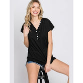 Heimish Full Size Front Button V-Neck Short Sleeve T-Shirt